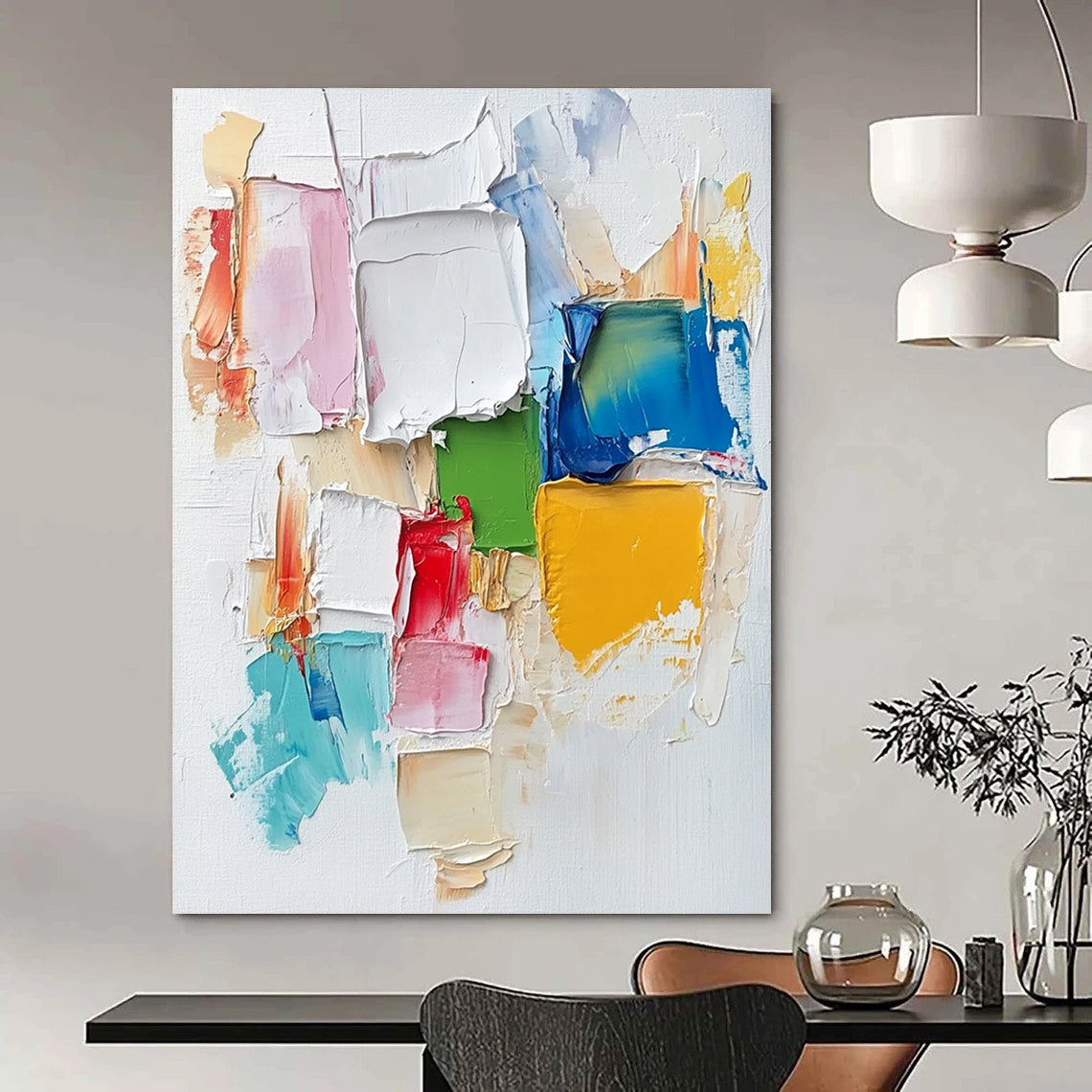 Contemporary hand-painted abstract artwork featuring colorful textures and a collage cityscape, enriched with soft brush strokes and vibrant impasto techniques. DLZ0835