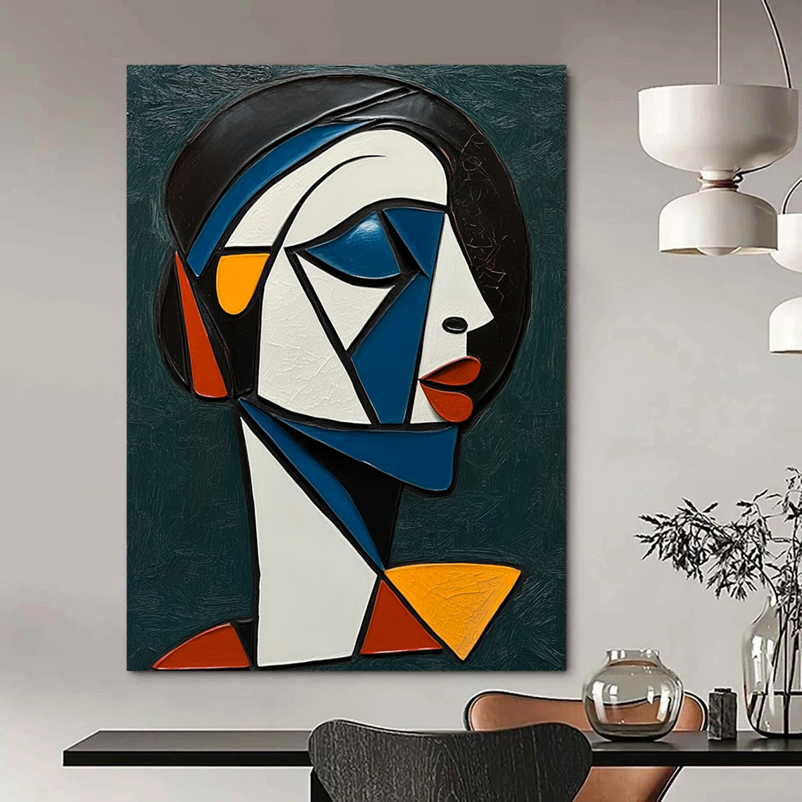 Large contemporary hand-painted abstract artwork featuring a cubist African woman with white and blue accents against a dark green background. DLZ1239