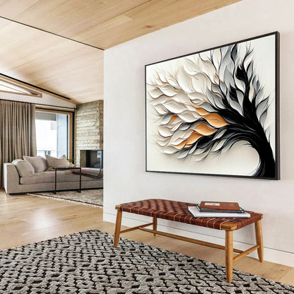“Textured Tree” - White, Gray, Black, Gold with Layered Leaves - 3D Abstract Sculpture HB1345