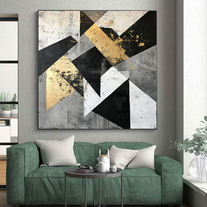 Gold, Black, Gray, White with Angular Shapes "Geometric Edge" Abstract Painting On Canvas HB006