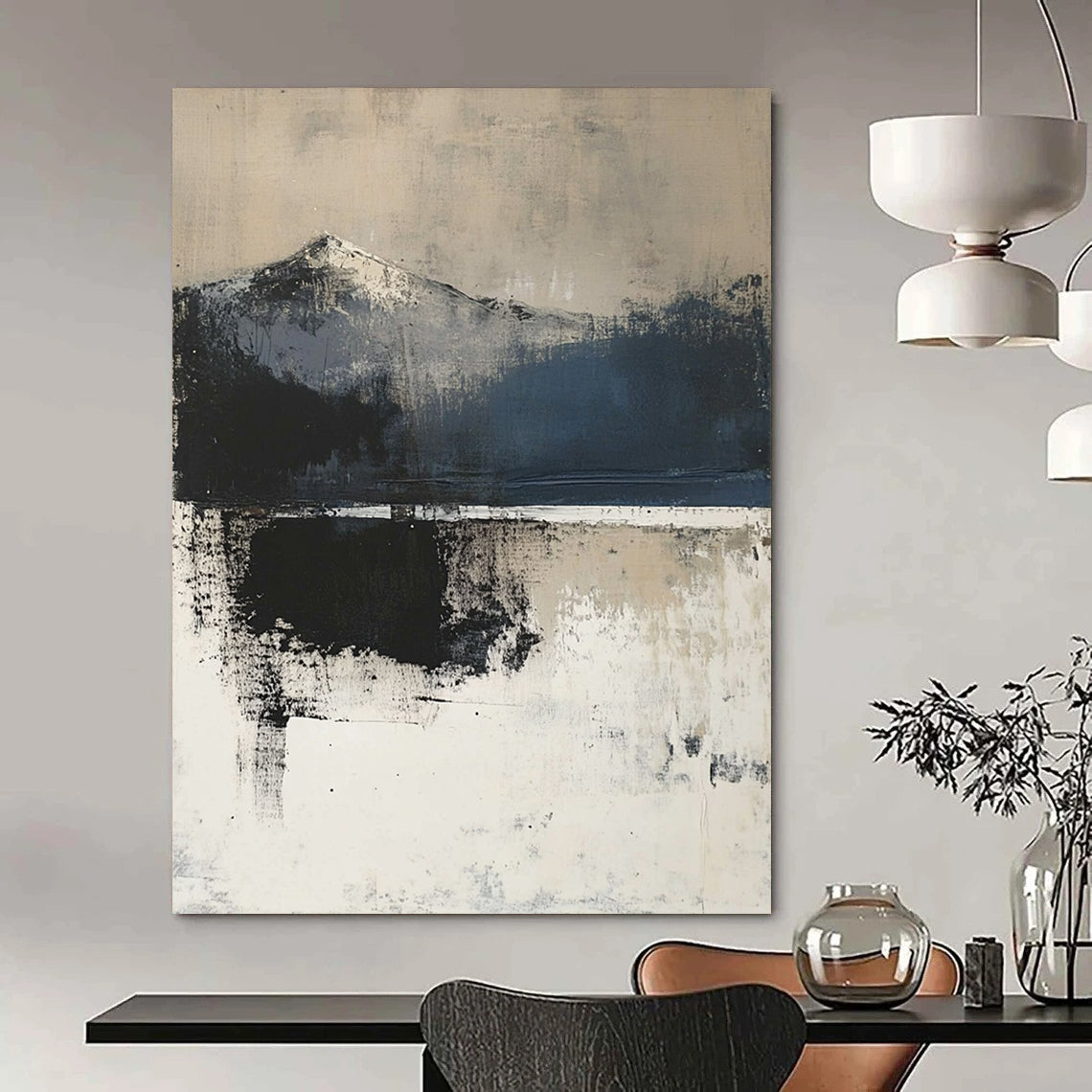 Contemporary hand-painted abstract art showcasing textured layers depicting the land-sea horizon in moody neutral tones for a tranquil ambiance. DLZ1042