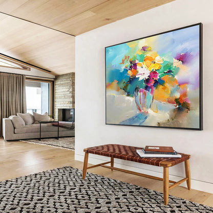 Colorful Flower Vase Oil Painting - Vibrant Living Room or Dining Room Art DLZ191