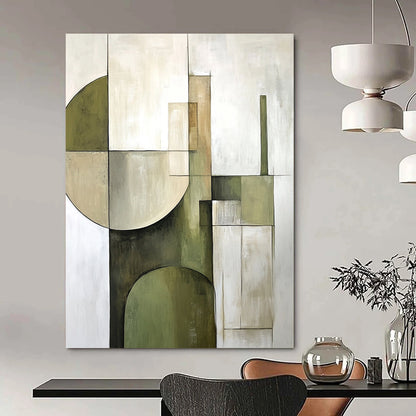 Large contemporary hand-painted abstract artwork featuring soft sage green and beige geometric shapes on a white background for modern decor enthusiasts. DLZ1059