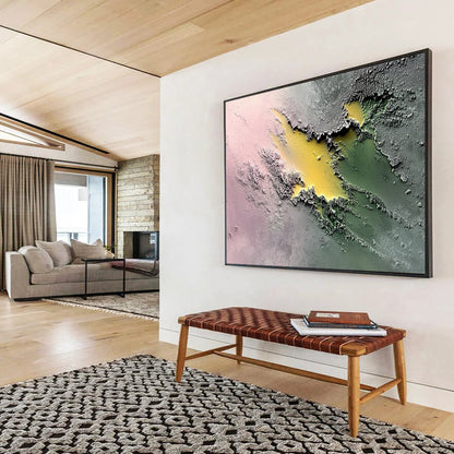 “Colorful Textured Terrain” - Pink, Yellow, Green, Textured Abstract Painting On Canvas HB0780