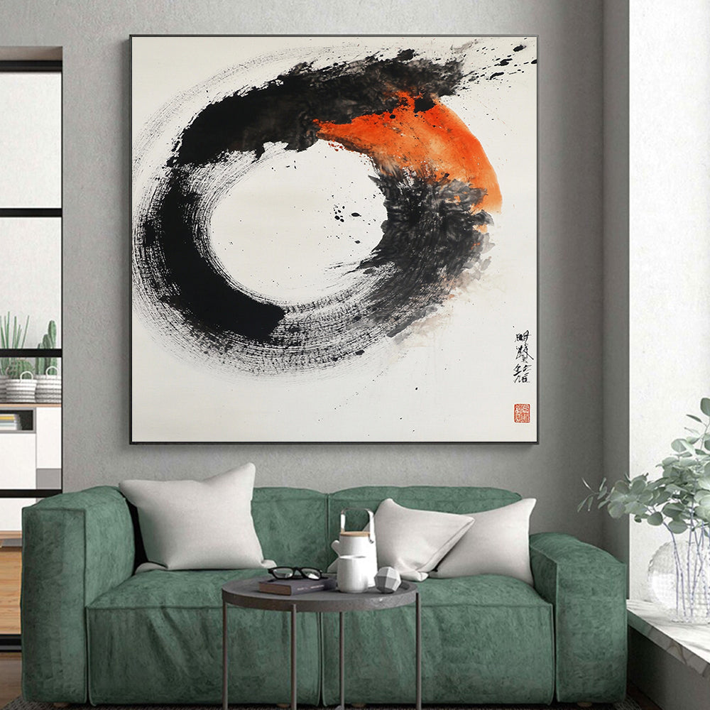 Black, White, Orange, Gray, Textured Circle "Fiery Enso" Abstract Expressionist Painting On Canvas HB106