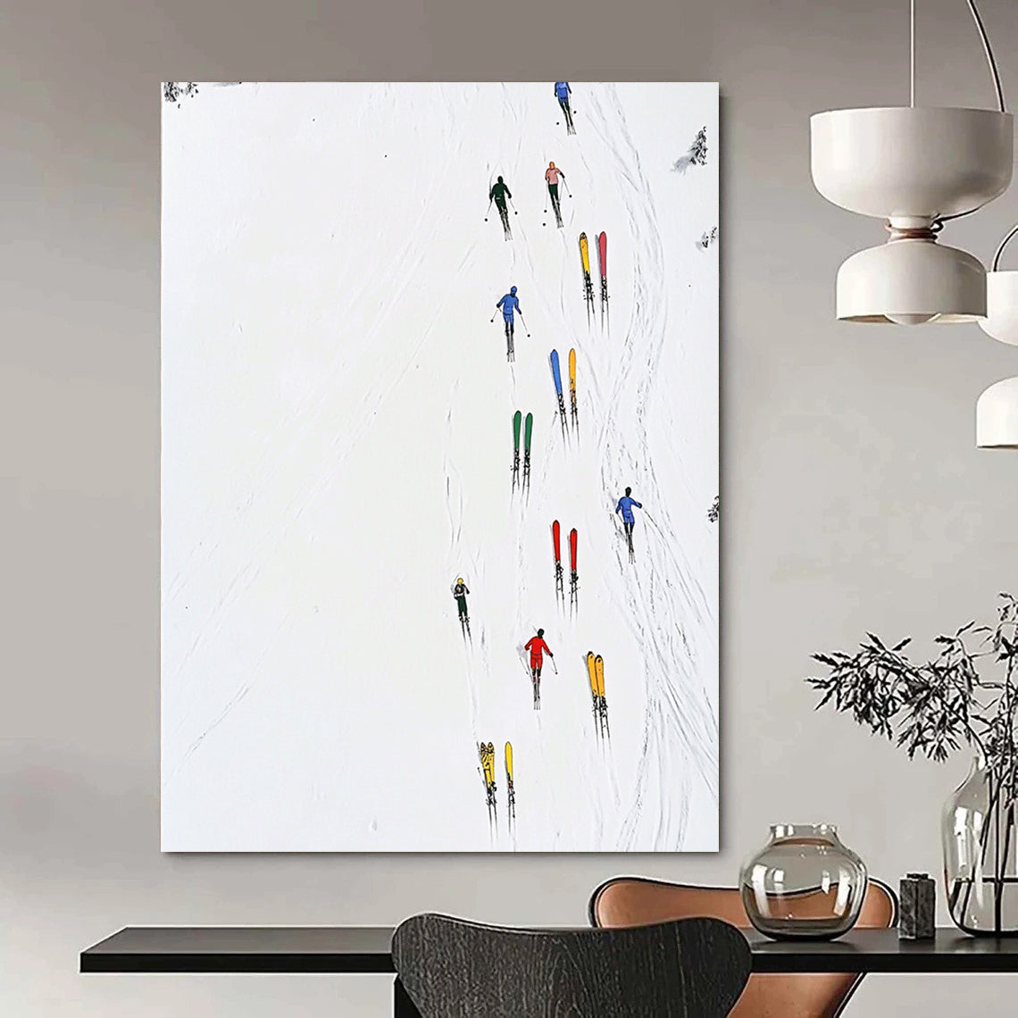 Contemporary abstract art featuring minimalist skiers, vibrant stacked skis, pure white background, and simple lines for a striking visual impact. DLZ1255