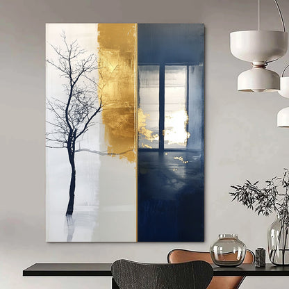Contemporary large hand-painted abstract artwork features a striking blend of tree motifs and branches against a rich dark blue background. DLZ1509
