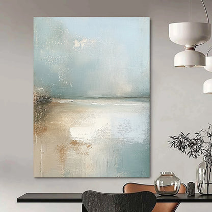Contemporary abstract painting showcasing an Irish beach with light blue and neutral tones featuring soft edges and a serene atmosphere. DLZ0460