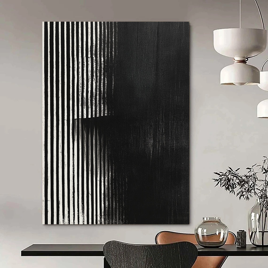 Contemporary hand-painted abstract art featuring black and white stripes with a grainy texture and focus stacking effect on a dark background. DLZ1489