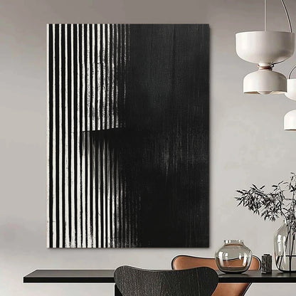 Contemporary hand-painted abstract art featuring black and white stripes with a grainy texture and focus stacking effect on a dark background. DLZ1489