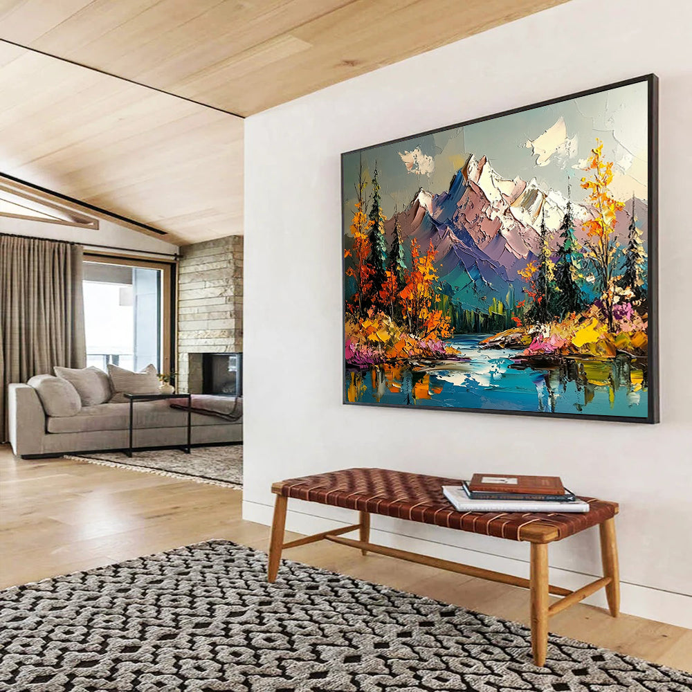 Colorful Mountain Landscape with Lake - Impasto Nature Scene Painting On Canvas HB0456