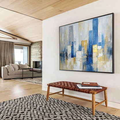 “Minimalist City Abstraction” - Blue, Gray, Gold, Abstract Cityscape HB1137
