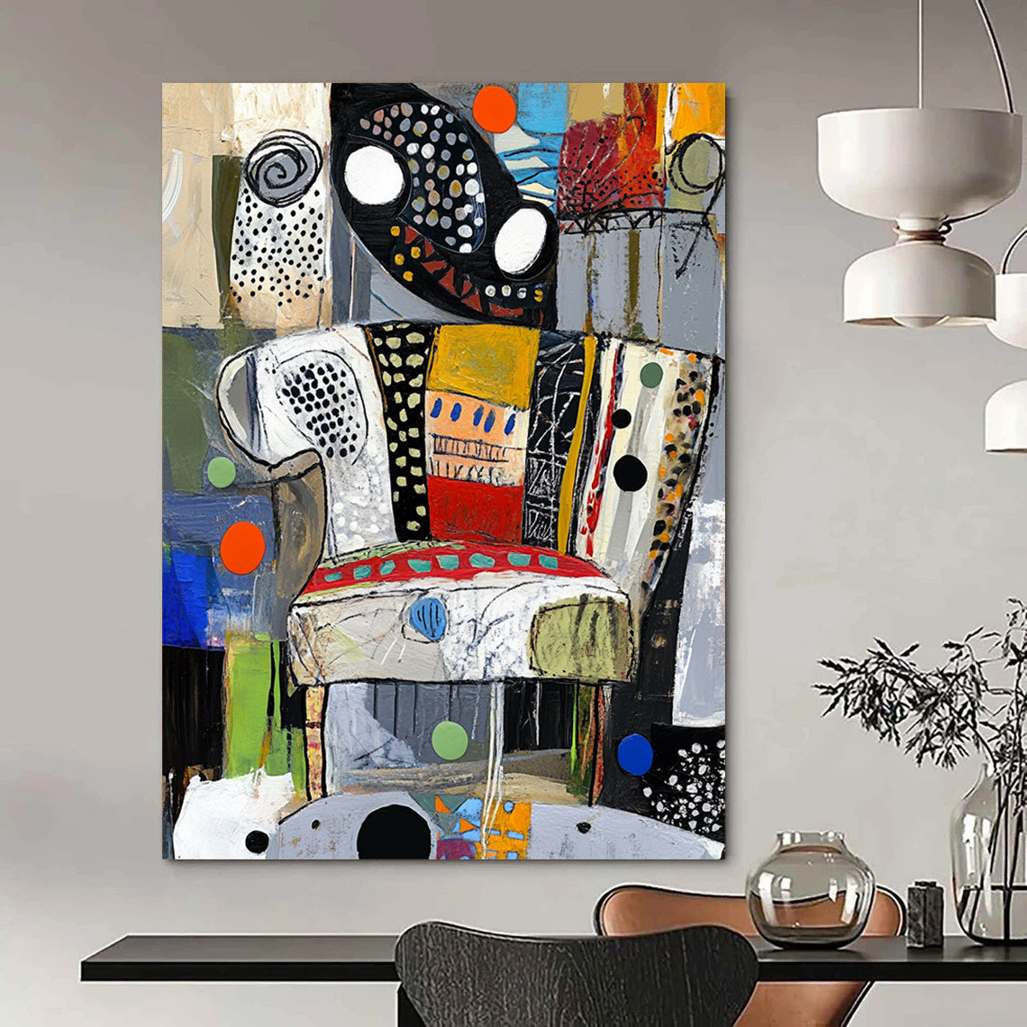 Contemporary abstract painting showcasing vibrant colors and dynamic textures evoking a stylized chair through circles and swirls. DLZ1367