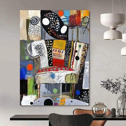 Contemporary abstract painting showcasing vibrant colors and dynamic textures evoking a stylized chair through circles and swirls. DLZ1367
