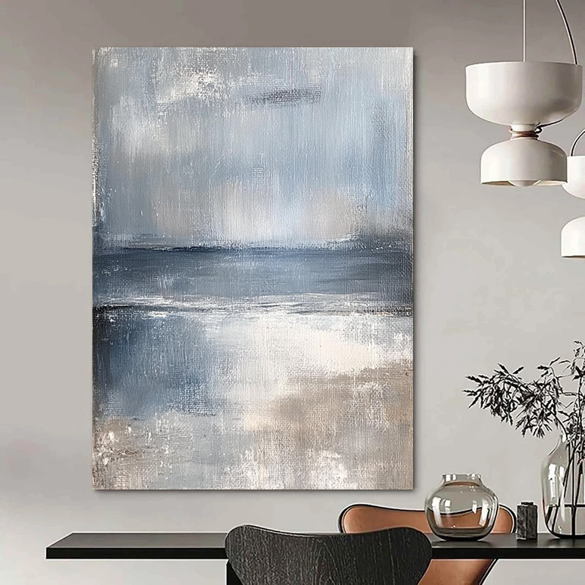 Large contemporary hand-painted abstract artwork featuring serene coastal landscape in muted tones of pale blue and gray evoking a calming sea breeze. DLZ0373
