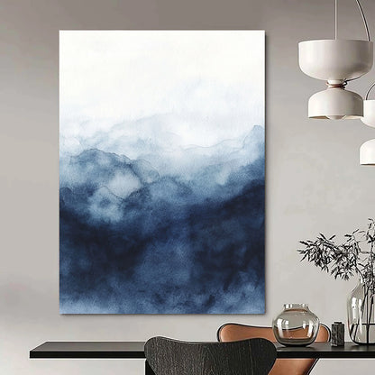 Contemporary abstract watercolor art featuring a stormy sky in dark blue and gray hues on a white background, evoking depth and mystery. DLZ0812