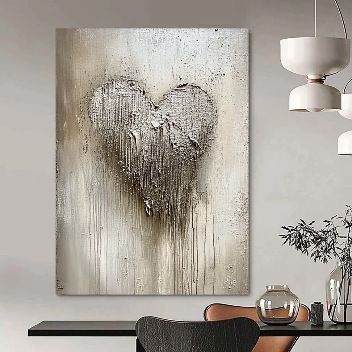 Contemporary abstract painting featuring textured silver and white patterns with a central heart shape, capturing winter's beauty in shimmering details and a cool palette. DLZ0531