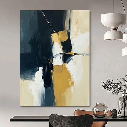 Contemporary hand-painted abstract art in navy blue, yellow, and white, showcasing dynamic textures and evoking emotional depth. DLZ0935