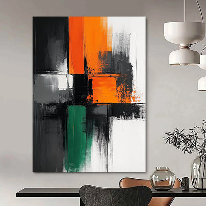 Contemporary hand-painted abstract artwork features bold black lines on a pristine white background with vibrant blocks of orange gray and green colors. DLZ1651