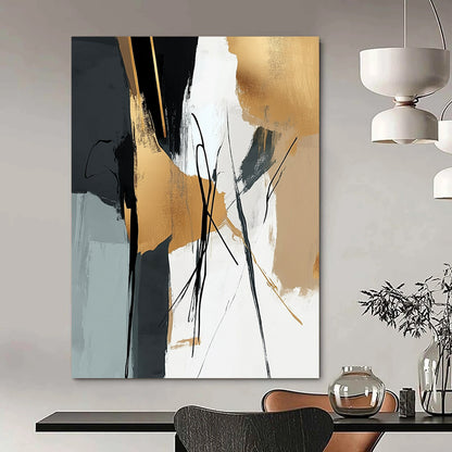 Contemporary abstract wall art featuring elegant brushstrokes in black beige and gold harmoniously blended with natural elements for a tranquil atmosphere. DLZ0318