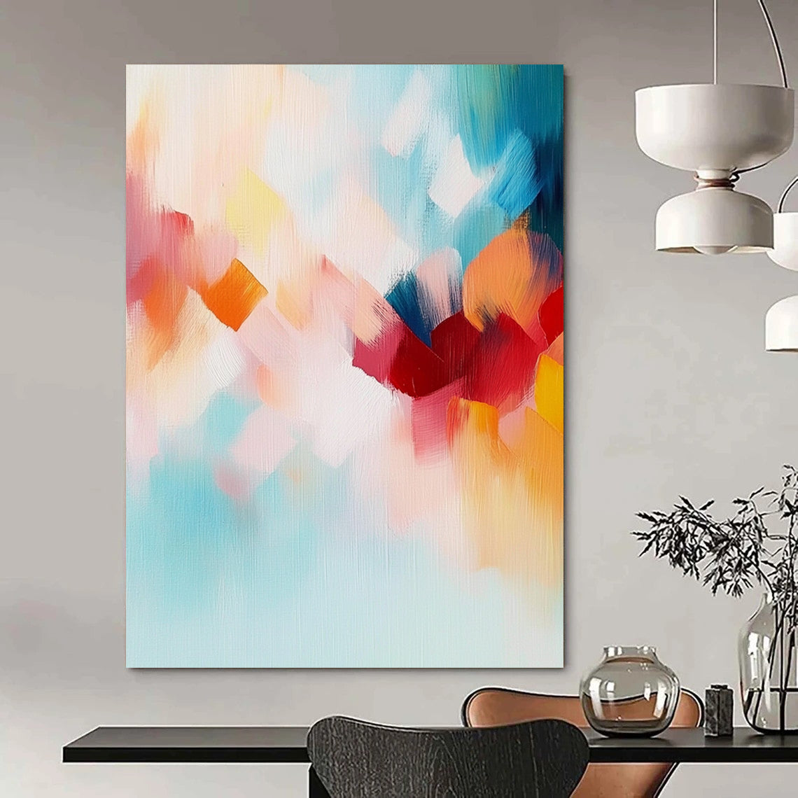 Contemporary abstract painting features soft pastel tones and a joyful blend of turquoise, red, orange, and cloud-like shapes to evoke freedom and nature. DLZ0441