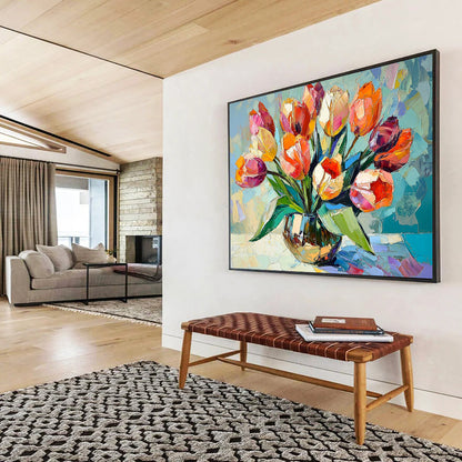 “Colorful Tulip Vase” - Vivid Oranges, Pinks, Purples, Lively Tulip Arrangement - Cubist - Inspired Oil Painting HB1723