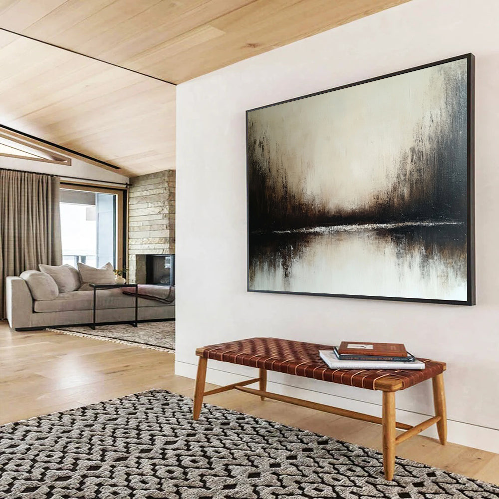 “Misty Landscape in Neutral Tones” - Beige, brown, white; Abstract misty landscape with a reflective body of water; Soft Oil Painting On Canvas HB1203