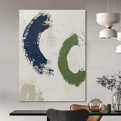 Contemporary abstract artwork featuring bold brush strokes in dark blue and green, creating minimalistic shapes on a white background. DLZ1625