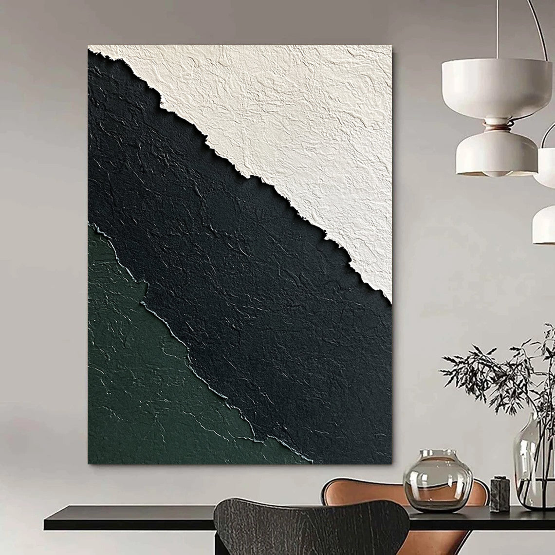 Contemporary abstract art features a textured paper design in black white and green against a dark gray background for a minimalistic elegance. DLZ1249