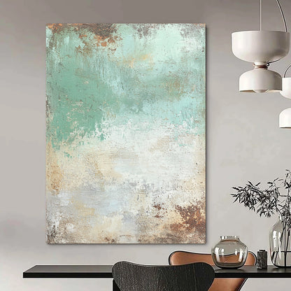Contemporary abstract painting featuring seafoam green and cream textures with brown and rust accents, mixed media, artistically distressed details. DLZ0659