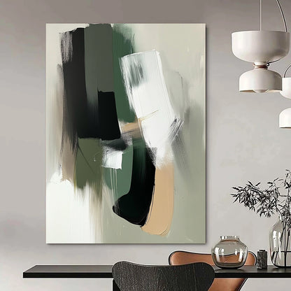 Contemporary abstract painting featuring minimalist shapes in sage green and white with black accents and bold brushstrokes for a modern aesthetic. DLZ0435
