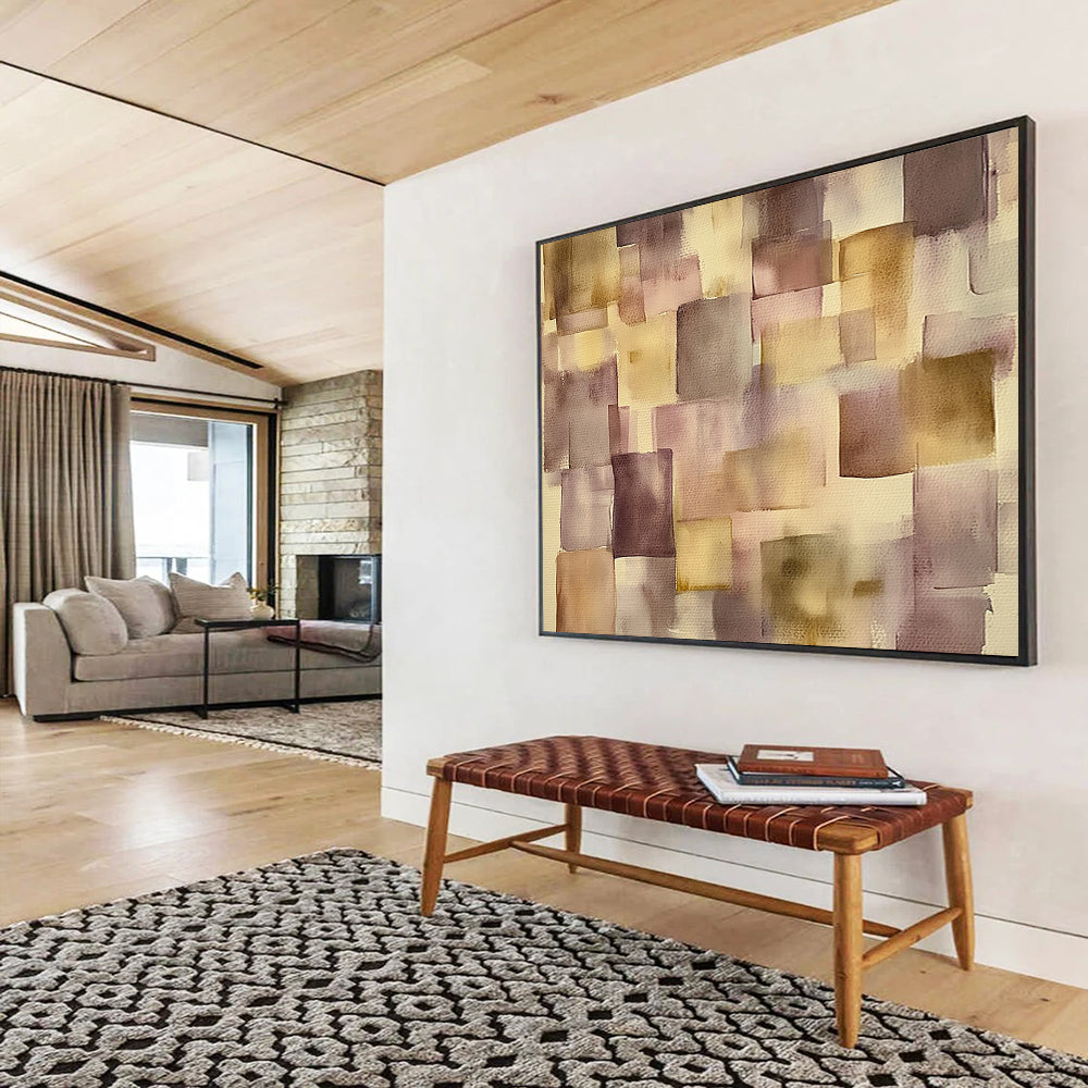 “Muted Geometric Squares” - Purple, Beige, Geometric, Abstract Painting On Canvas HB0764