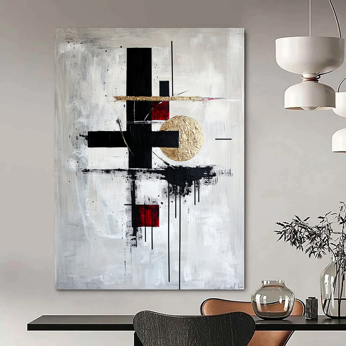 Black, White, Gold, Red with Bold Forms "Artistic Fusion" Abstract Painting On Canvas HB005