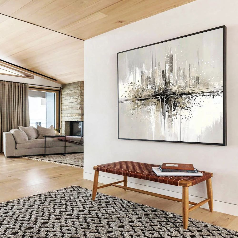 “Cityscape Reflection” - Gray, Beige, Black with Urban Reflections - Abstract Acrylic Painting HB1343