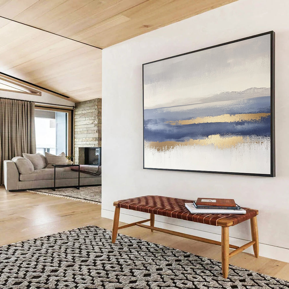 “Gray - Blue Abstract Horizon with Gold Accents” - Gray, Blue, Gold, Subtle Horizon Lines Painting On Canvas HB0853
