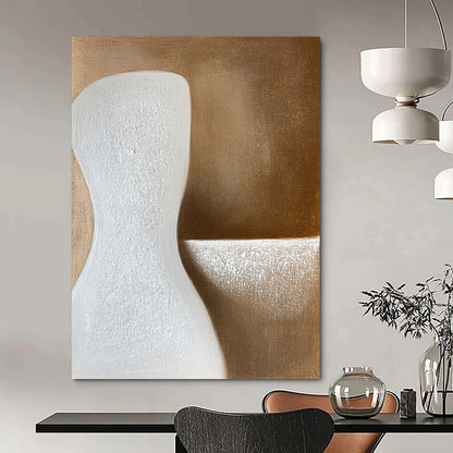 Contemporary abstract art featuring soft beige tones with elegant curves and gentle shadows, creating a serene minimalist composition on a textured canvas surface. DLZ0998