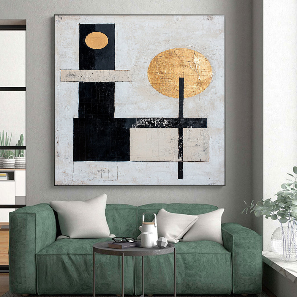 White, Black, Gold with Geometric Circles "Celestial Balance" Abstract Painting On Canvas HB018