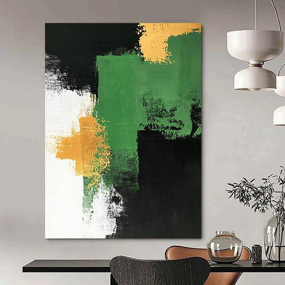Contemporary hand-painted abstract artwork features a green and white palette with gold accents bold brush strokes on a black background framed by white. DLZ0878