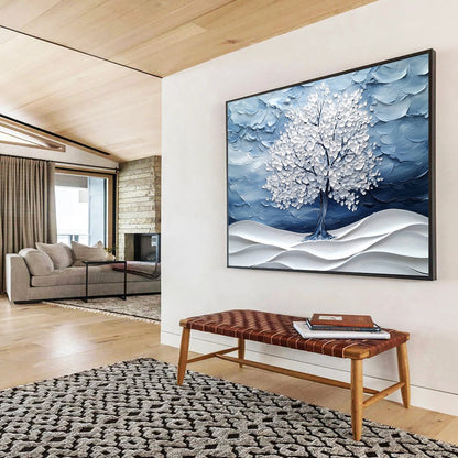 Blue and White Textured Tree "Winter Whisper" Painting On Canvas HB0423