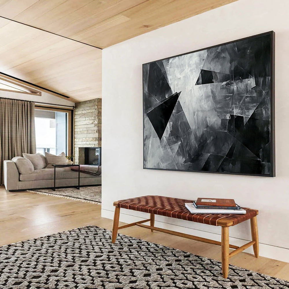 “Black - White Geometric Shapes” - Black, White with Angular Forms - Abstract Acrylic HB1359