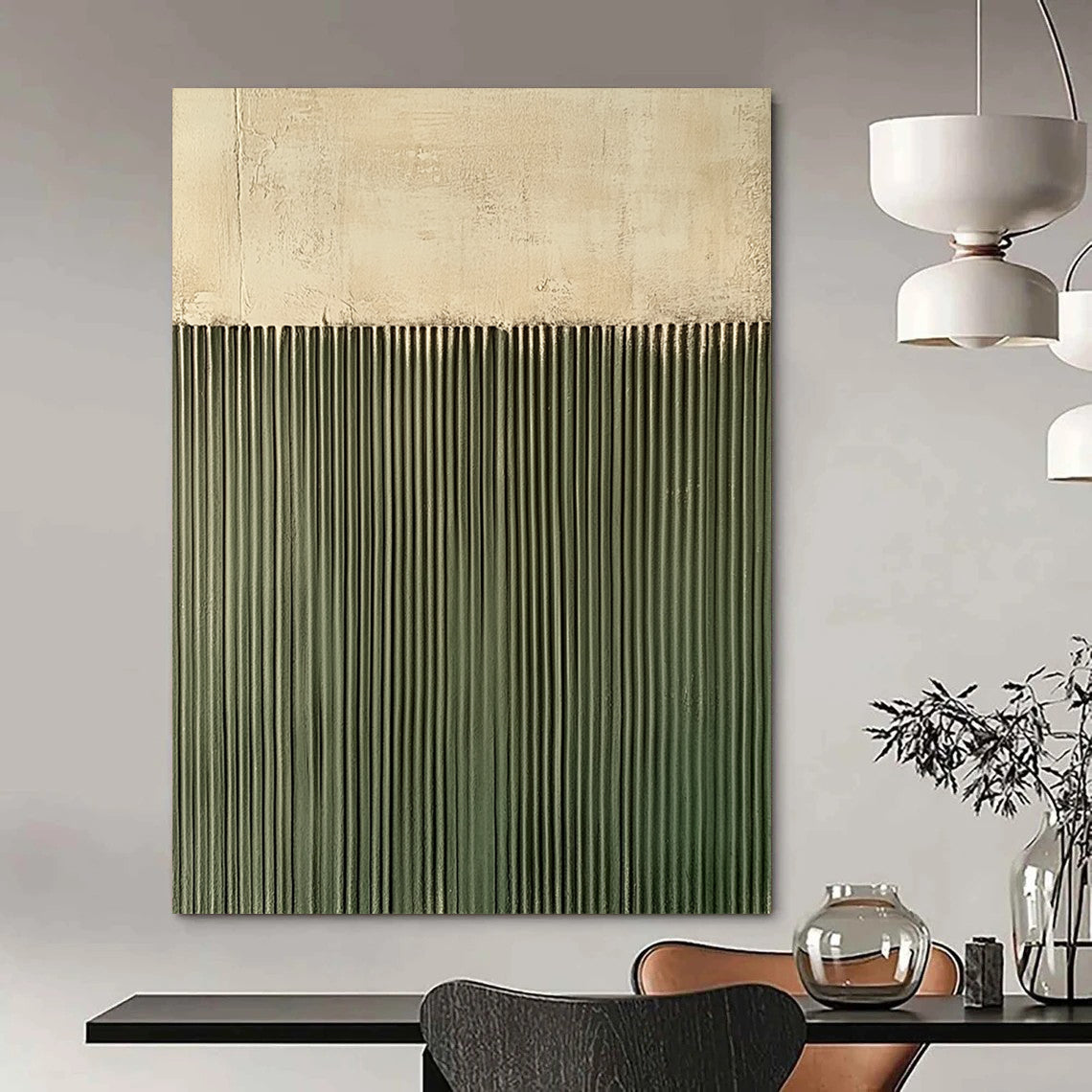 Contemporary hand-painted abstract art featuring a textured green wall with vertical lines against a soft gray background, creating a compelling visual contrast. DLZ1711