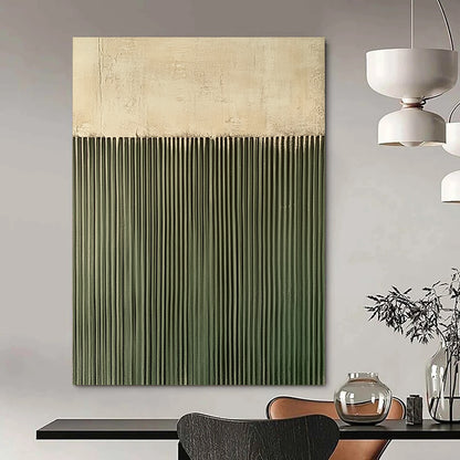 Contemporary hand-painted abstract art featuring a textured green wall with vertical lines against a soft gray background, creating a compelling visual contrast. DLZ1711