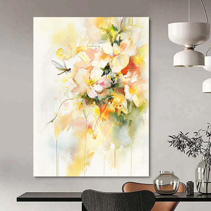 Contemporary abstract art featuring vibrant watercolor flowers and leaves with delicate gold accents a serene dragonfly and light yellow tones on a white background. DLZ1082