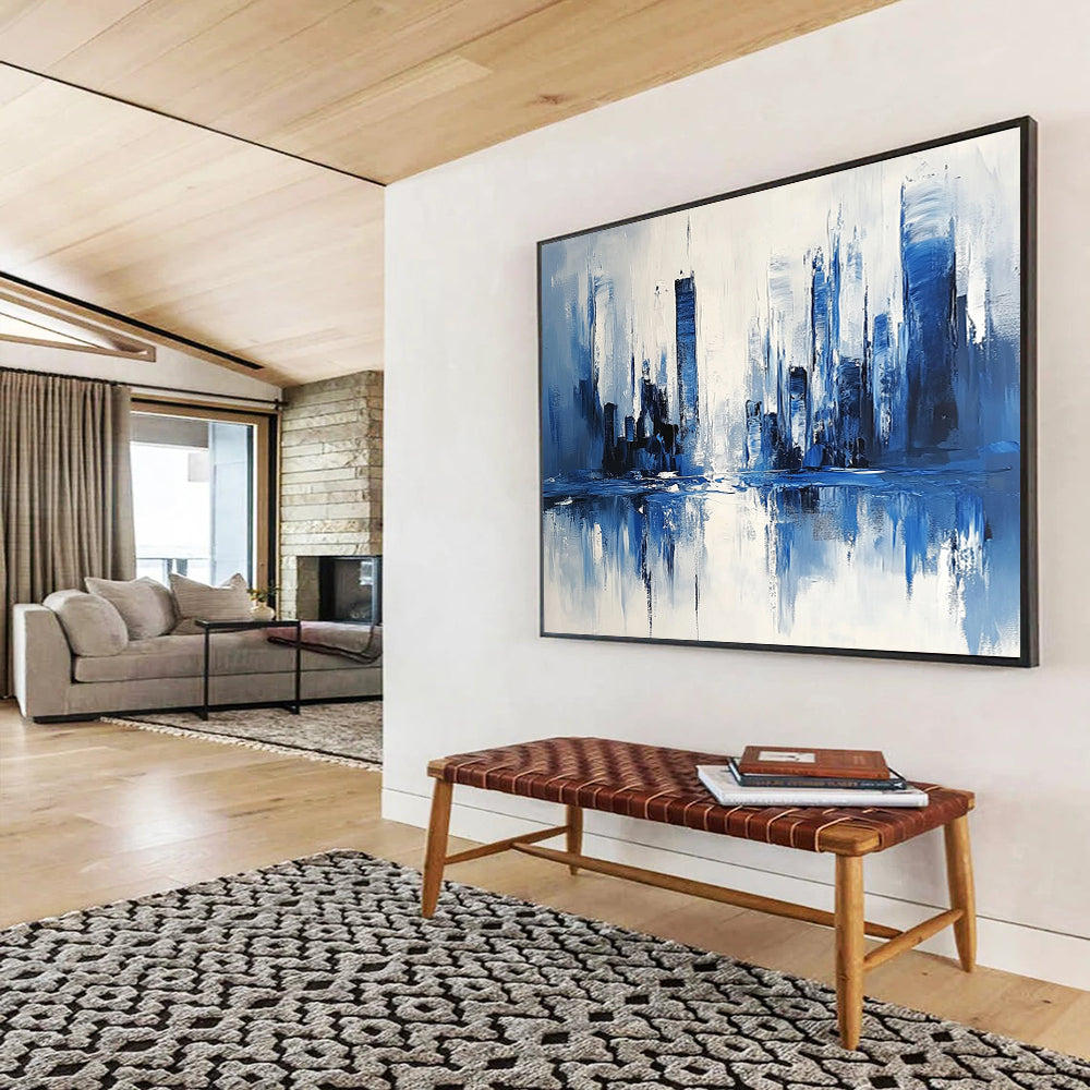 “Blue - White Cityscape Reflection” - Blue, White, Abstract Cityscape with Water Mirroring HB1117