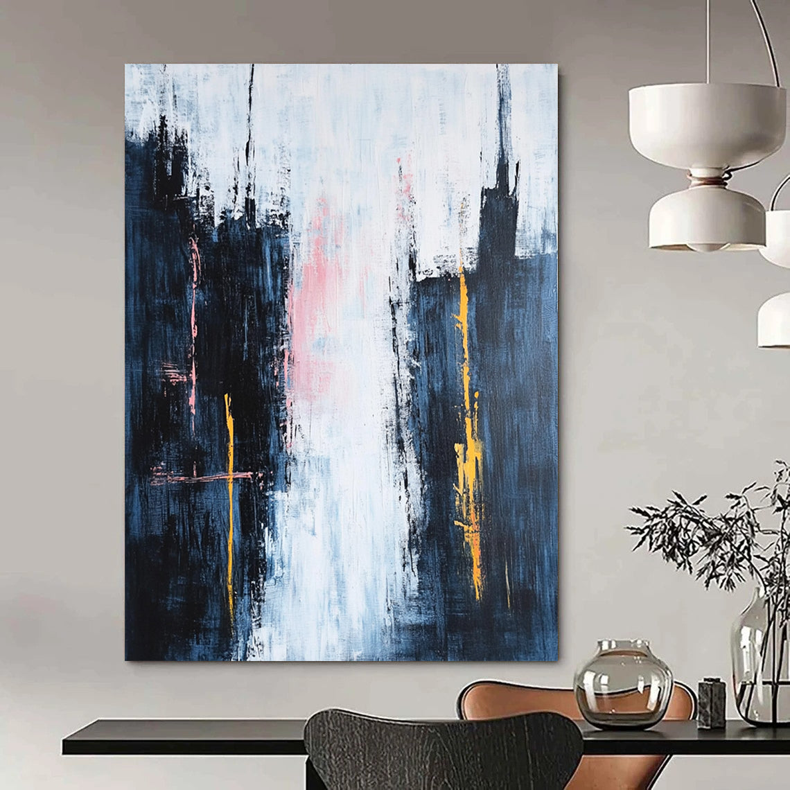 Contemporary hand-painted abstraction featuring dark blue spires against a white sky with pink clouds and vibrant yellow and orange accents in a minimalist style. DLZ0646