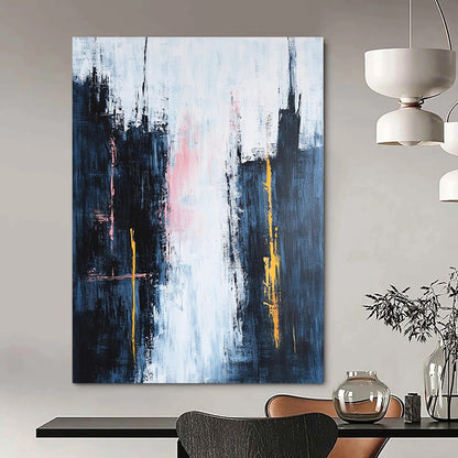 Contemporary hand-painted abstraction featuring dark blue spires against a white sky with pink clouds and vibrant yellow and orange accents in a minimalist style. DLZ0646