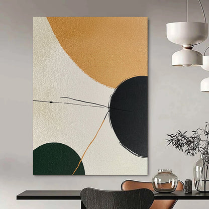 Contemporary hand-painted abstract art featuring minimalistic shapes in earthy tones with a calming palette and elegant black lines connecting forms. DLZ1191