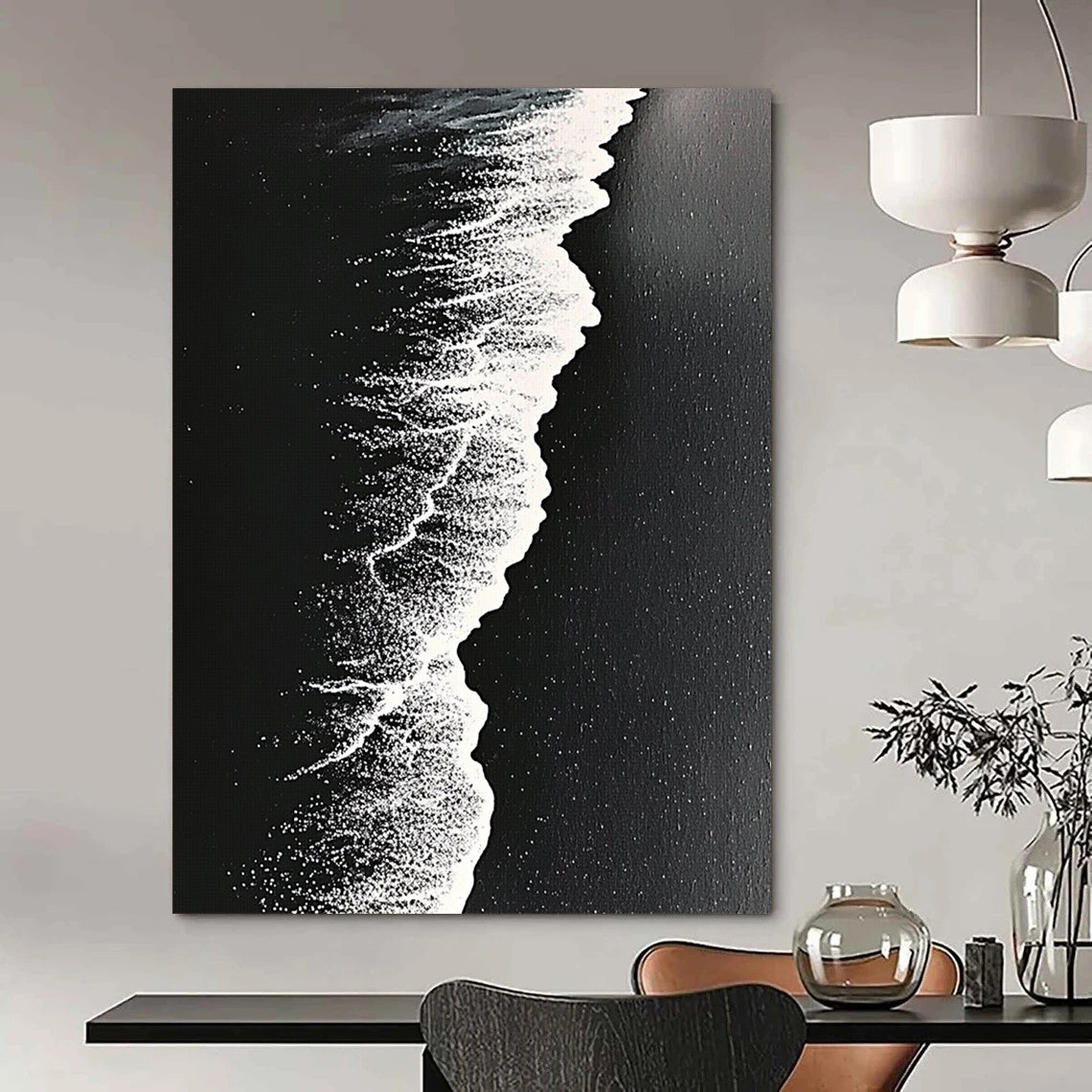 Contemporary abstract artwork capturing high-contrast monochrome beach waves on dark sand with intricate details and surrealistic perspective. DLZ0841