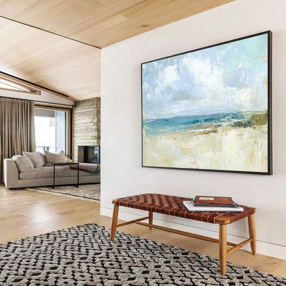 “Abstract Beach Scene” - Blues, Beiges, Whites, Softly Painted Beach and Sky - Abstract Acrylic Painting HB1709