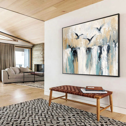 “Birds Over Textured Landscape” - Beige, Teal, Black, Bird Silhouettes - Painting On Canvas HB1412